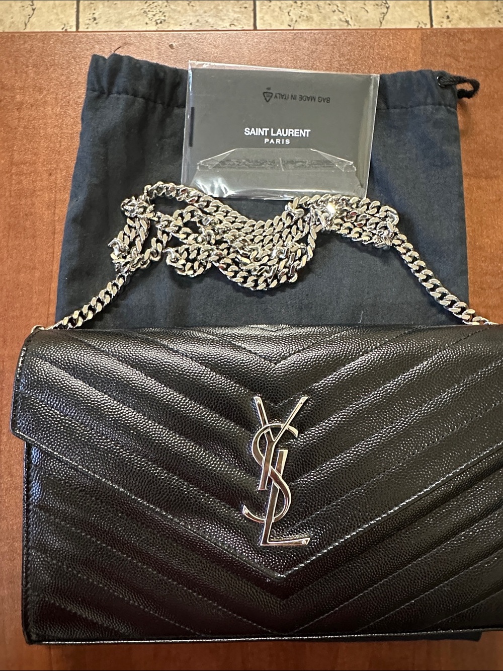 Saint Laurent Black Chevron Quilted Leather Chain Shoulder Wallet, like new